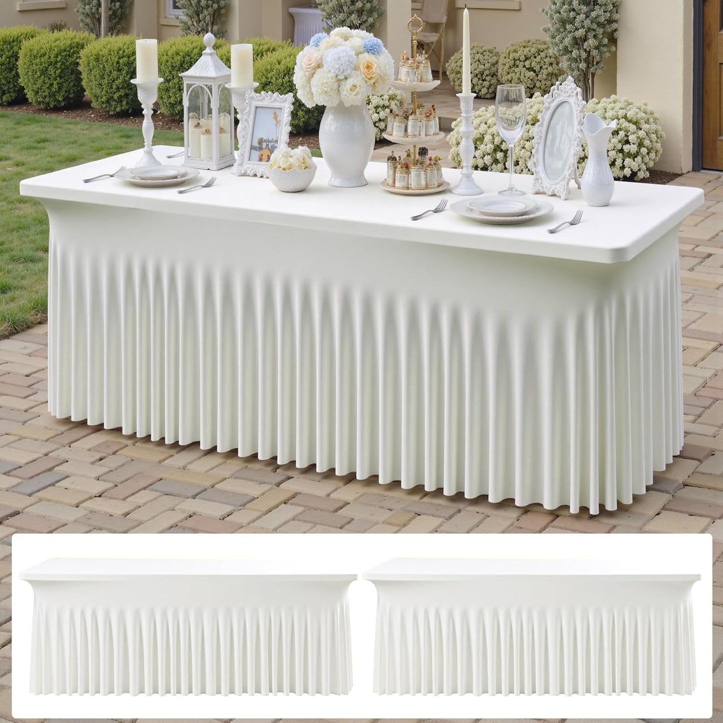 2 pk Ivory Spandex Tablecloth 6ft with Ruffle Skirts,Wrinkle Free High Stretch Cream Fitted Tablecloths for 6 Foot Rectangle Tables,Elastic Spandex Table Covers 6 ft for Parties Weddings Banquet