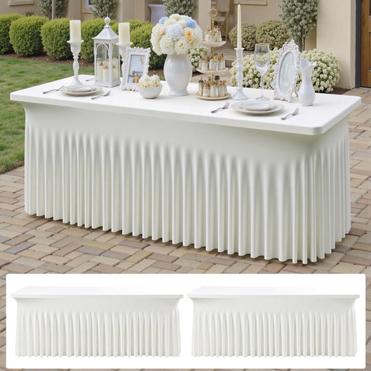 2 pk Ivory Spandex Tablecloth 6ft with Ruffle Skirts,Wrinkle Free High Stretch Cream Fitted Tablecloths for 6 Foot Rectangle Tables,Elastic Spandex Table Covers 6 ft for Parties Weddings Banquet