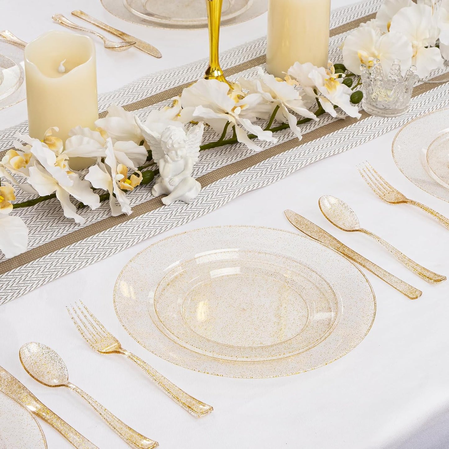 I00000 600Pcs Gold Glitter Plastic Plates for 100 Guests, Plastic Dinnerware Set of 100 Glitter Disposable Plates, 100 Dessert Plates, 200 Forks, 100 Knives and 100 Spoons Perfect for Party & Wedding