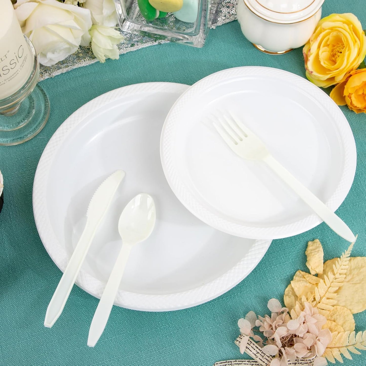 MirthMood 350PCS White Disposable Plates, Round Solid Color Disposable Plates for Party, including 50 Dinner Plates,50 Dessert Plates,50 White Silverware,50 Napkins and 50 16OZ Cups