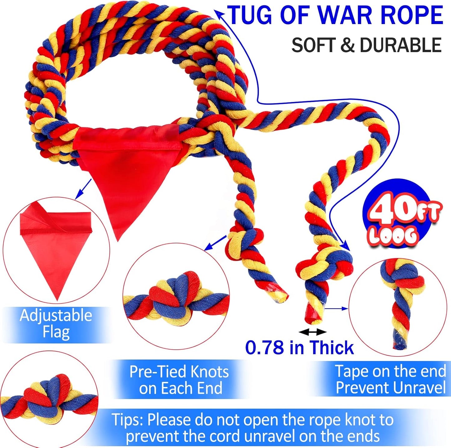 Outdoor Yard Games 40FT Tug of War Rope for Kids Adult, Field Day Family Reunion Birthday Party Games, Halloween Carnival Easter Outside Lawn Yard Fun Games for Team Building Activities, Tricolor
