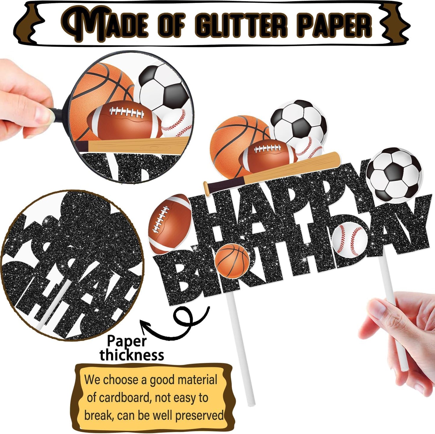 Sports Birthday Cake Toppers Baseball Cake Picks Glitter Black Football Soccer Ball Cake Decorations Rugby Basketball Birthday Decorations for Sports Balls Theme Boys Men Baby Shower Party Supplies