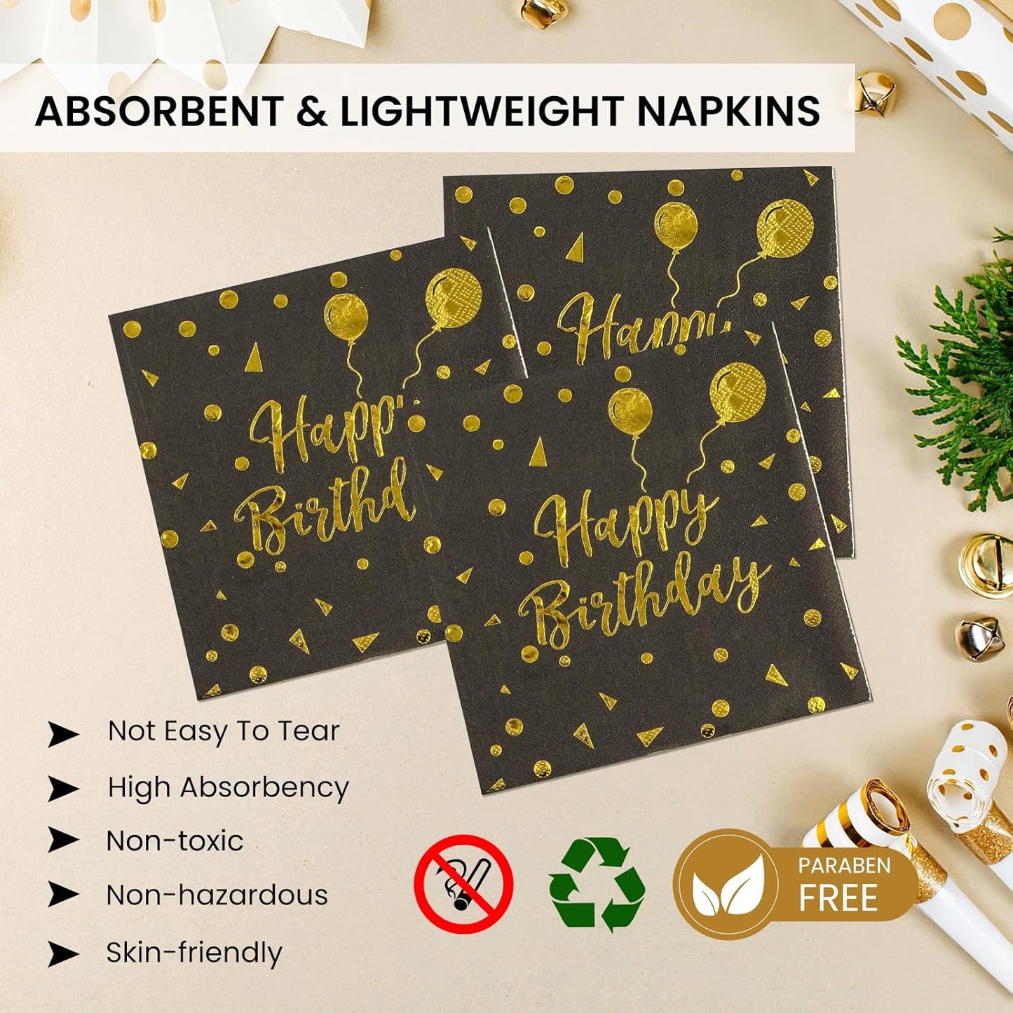 150PCS Happy Birthday Paper Plates and Napkins - 7 Inch Black Gold Dot Paper Plates and 6.5 Inch Napkins with 6.3 Inch Gold Forks Disposable Tableware Set for Birthday Party Decorations, Serves 50