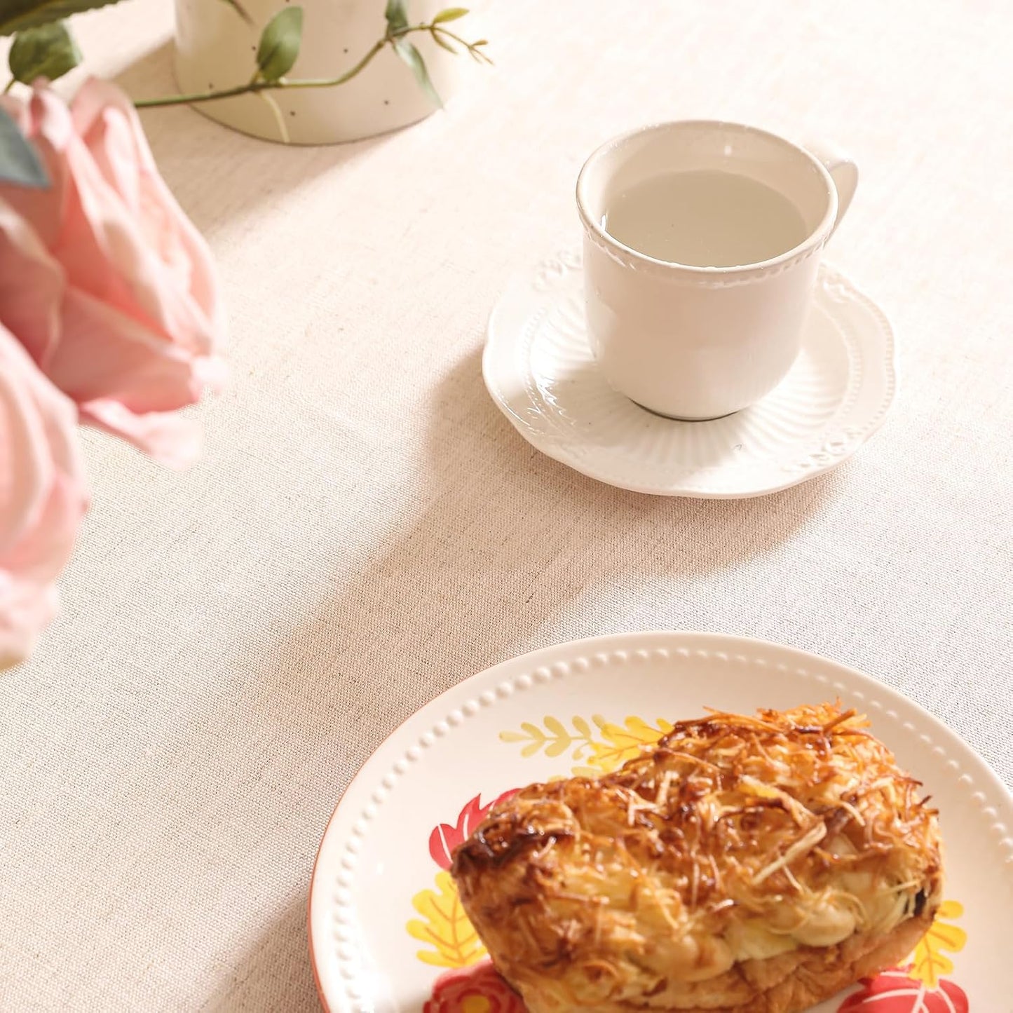 Linen Rectangle Tablecloth,French Vintage Pink Floral Pattern Wrinkle Free Table Cloth,Decorative Table Cover for Kitchen,Dining,Tea Party,Thanksgiving,Christmas,55"*87"-Sloosa