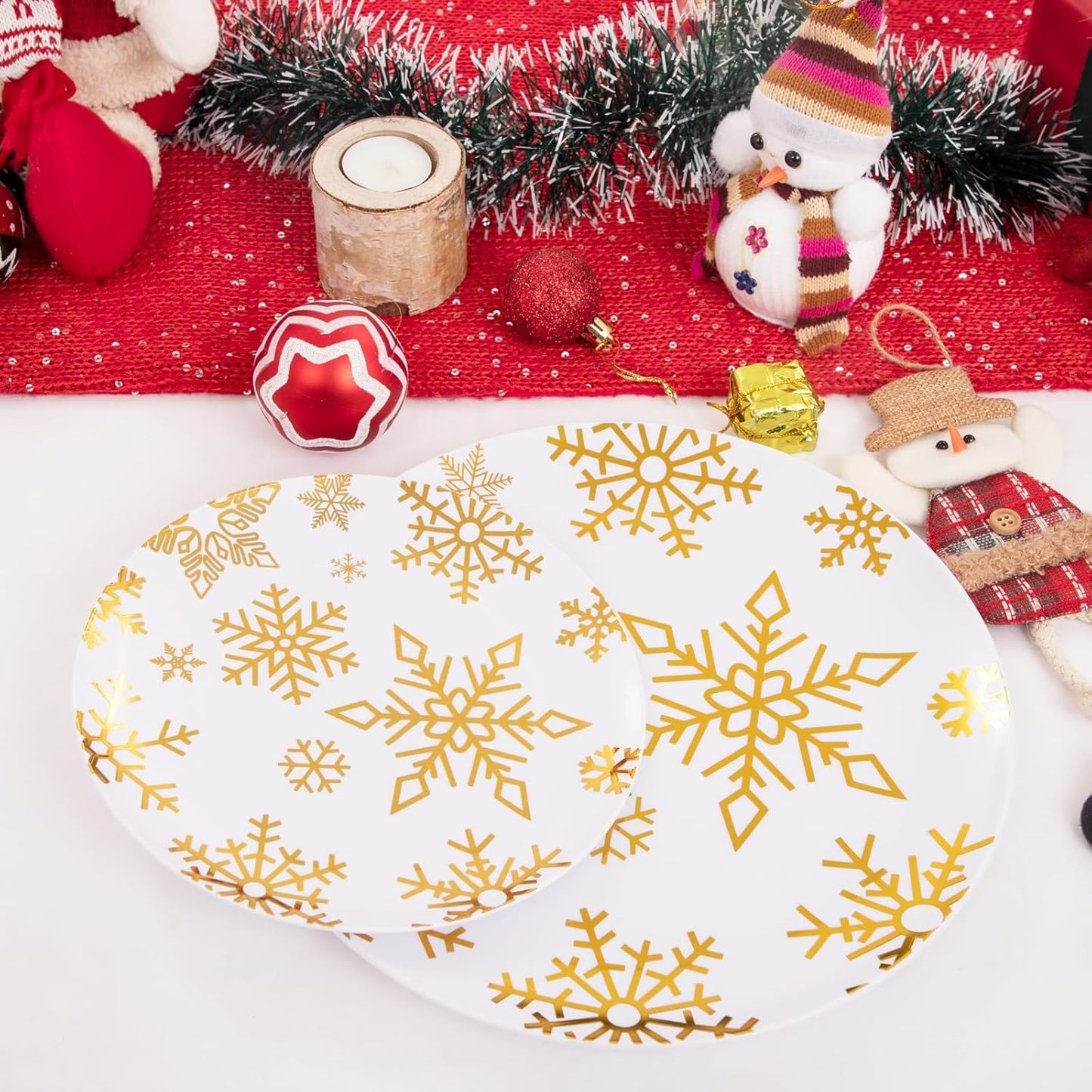 WDF 50 Pieces Plastic Christmas Plates - White and Gold Plates with Snowflake include 25 Dinner Plates, 25 Salad Plates - Disposable Gold Plastic Plates for Christmas Party, Winter