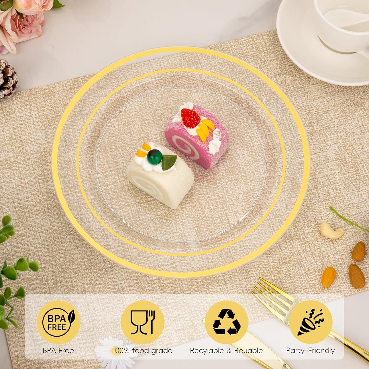 Goodluck 100PCS Clear Gold Plastic Plates, 10.25 Inch Dinner Plate with Silver Rim, Heavy Duty Disposable Plastic Plates for Party, Wedding, Birthday & Daily Use