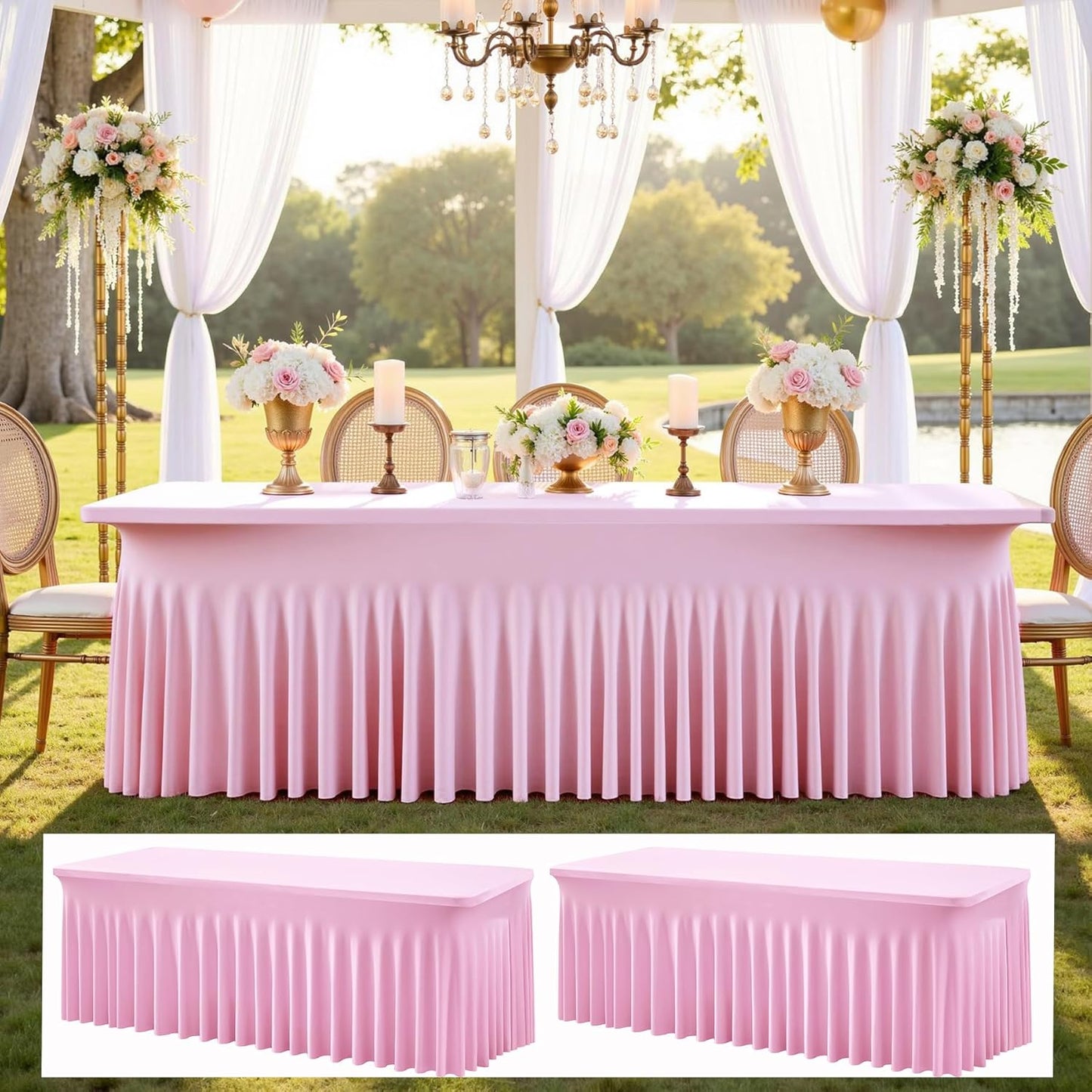 2 pk Baby Pink Spandex Tablecloth 8ft With Ruffled Table Skirt, Wrinkle Free Stretchy Fitted Tablecloths for 8 Foot Rectangle Tables, Elastic Spandex Table Covers for Weddings Parties Banquet