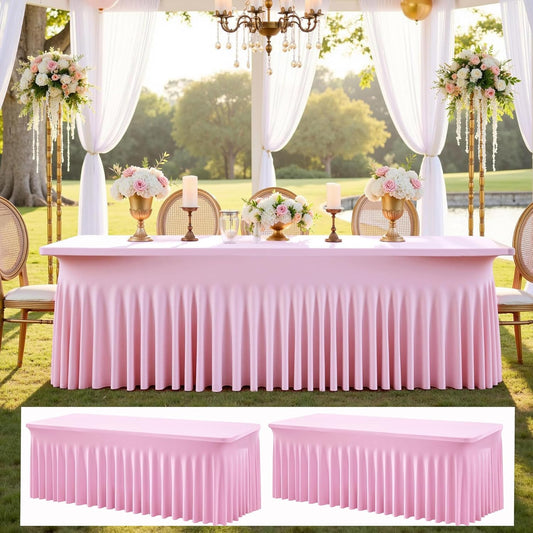 2 pk Baby Pink Spandex Tablecloth 8ft With Ruffled Table Skirt, Wrinkle Free Stretchy Fitted Tablecloths for 8 Foot Rectangle Tables, Elastic Spandex Table Covers for Weddings Parties Banquet