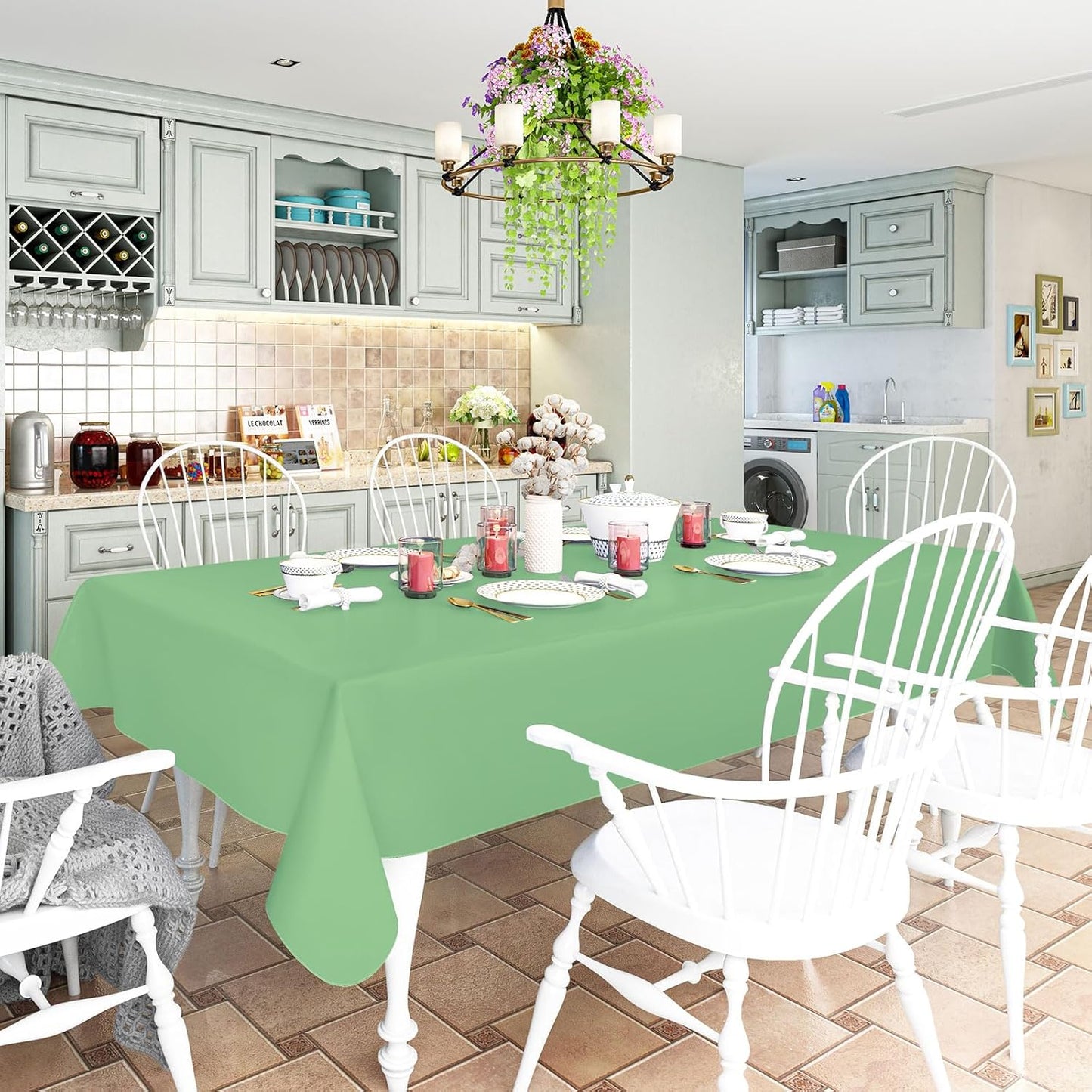 homing Square Vinyl Tablecloth, Waterproof Spillproof Plastic Flannel Backed Table Cloth, Wipe Clean Table Cover for Dining, Buffet Parties and Camping (Sage Green, 54" x 54")