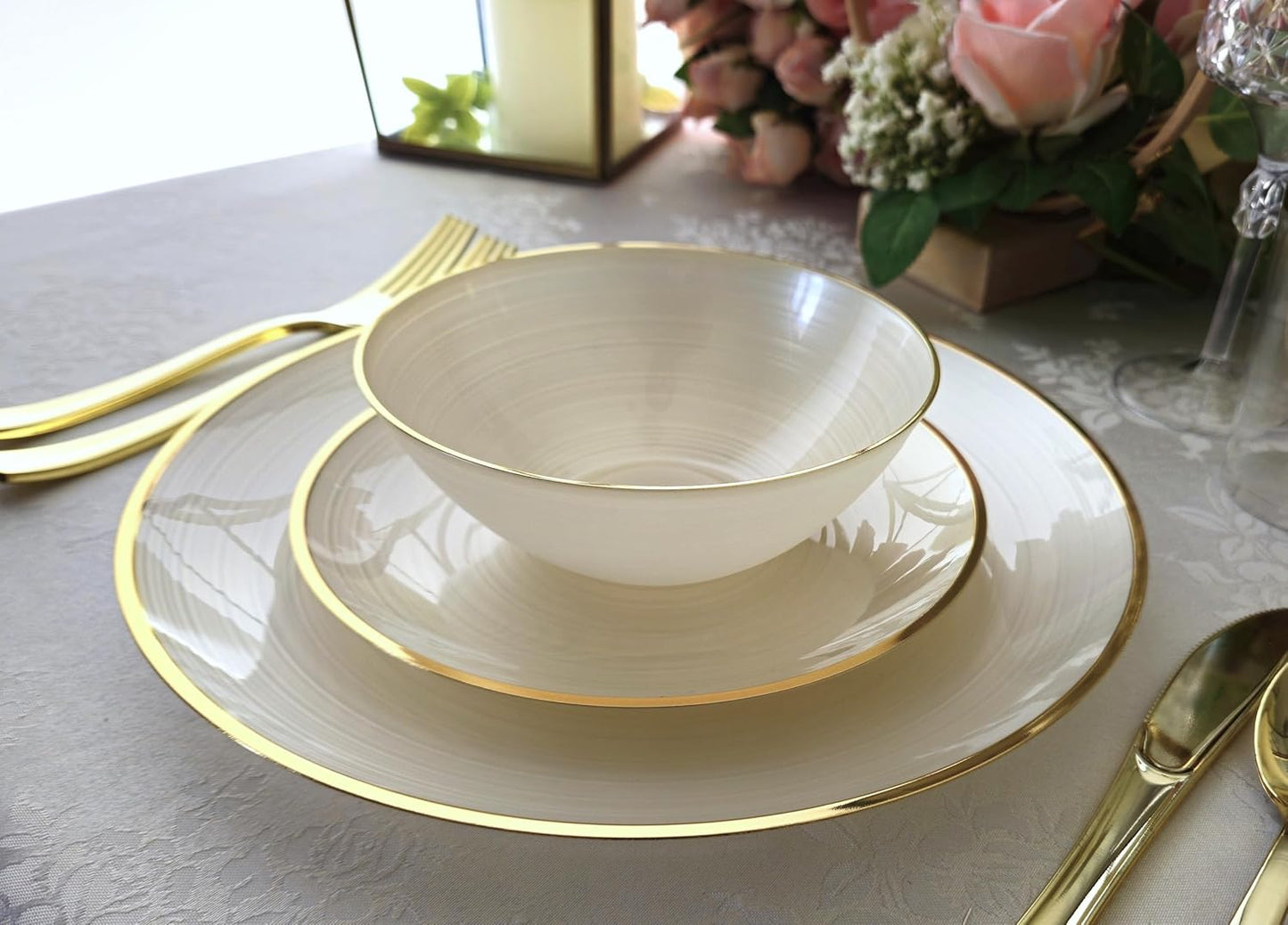 " OCCASIONS " 120 Plates Pack,(60 Guests) Premium Wedding Party Disposable Plastic Plates Set -60 x 10'' Dinner + 60 x 7'' Salad/Dessert (Belize in Ivory & Gold)