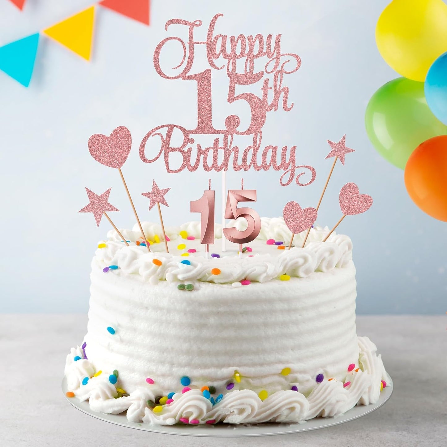 15th Birthday Cake Decorations, 15th Birthday Candles Cake Numeral Candles and Glitter Happy 15th Birthday Cake Toppers Set for Birthday Party Supplies (Rose Gold)