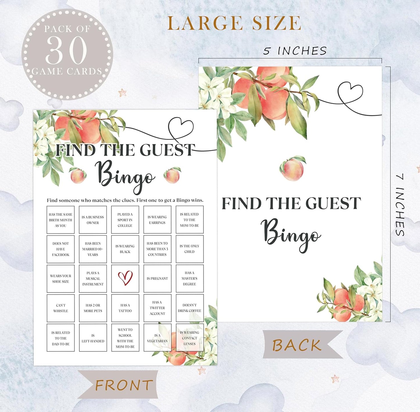White Floral Peach Find The Guest Bingo Game - Pack of 30 Gender Neutral Boy or Girl Cards - Fun Baby Shower Game and Activity - FA31