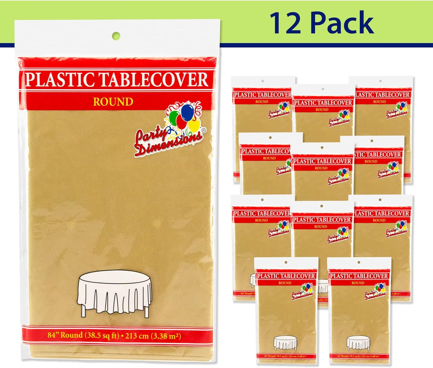 Gold Disposable Plastic Tablecloth for Round Tables (12 Pack) 84 inches Table Cloths for Parties, Events & Weddings, Indoors & Outdoors, Plastic Table Cover