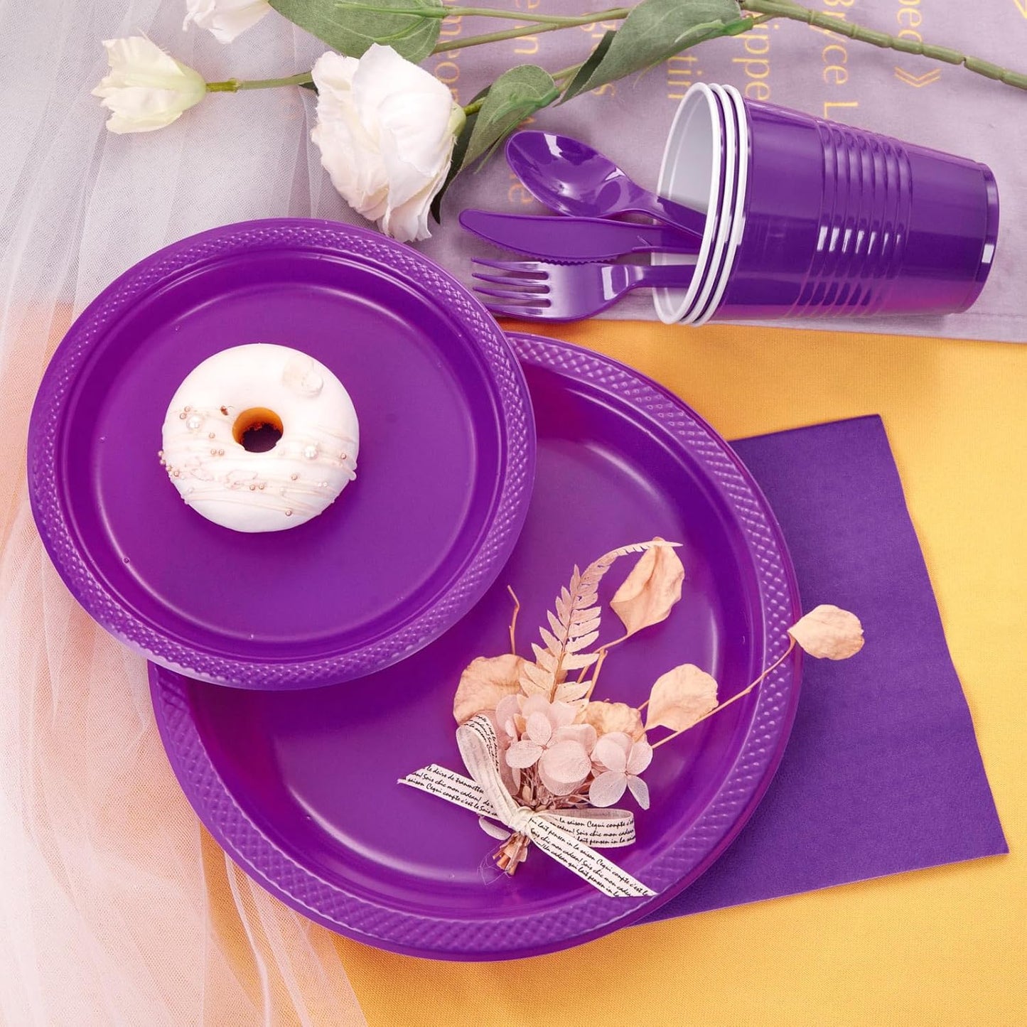 MirthMood 350Pcs Purple Party Supplies, Purple Plastic Dinnerware Set, Including Plates and Napkins, Plastic Cutlery and 12OZ Cups