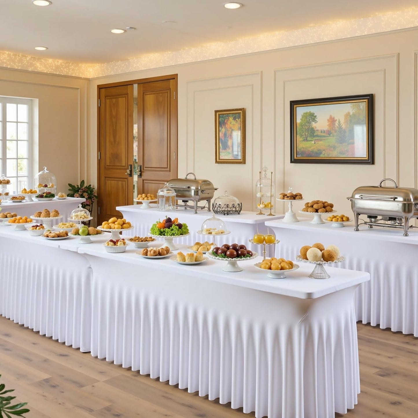 2 Pack White Spandex Tablecloths for 4 ft Rectangle Tables, Stretch Table Cloths 4 Foot Fitted Table Cover with Skirt for Parties Weddings Birthday Banquet Baby Shower