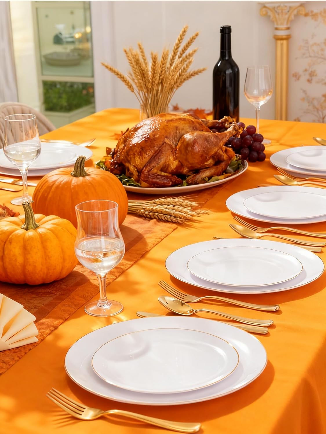 WDF 300PCS White and Gold Plates - Wedding Plastic Dinnerware Set for 50 Guests Include 50 Dinner & 50 Cake Plates, 50 Cutlery, 50 Cups for Wedding, Birthday, Thanksgiving Party