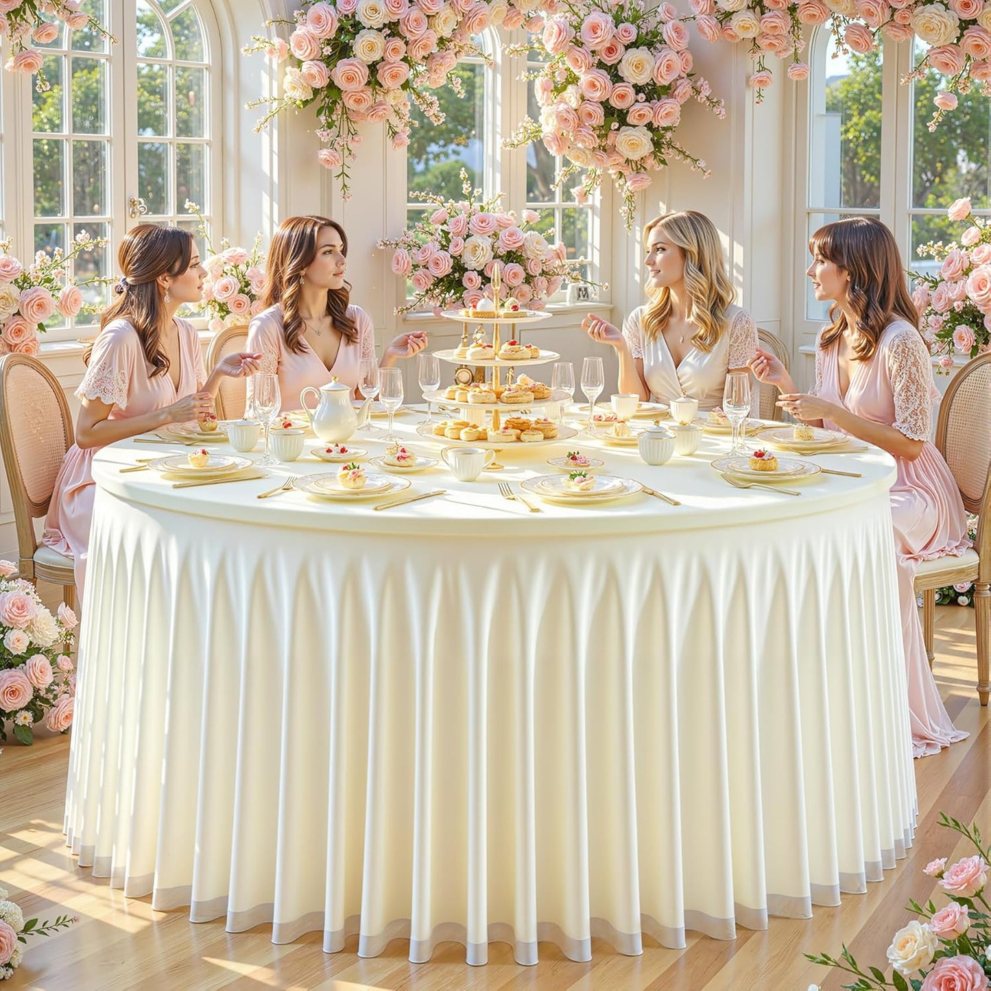 Ivory Tulle Round Tablecloth for 60 inch Tables, Spandex Fitted 5FT Ivory Round Table Covers with Tulle Skirt for Baby Shower Wedding Birthday Party Cake Banquet Table Decoration