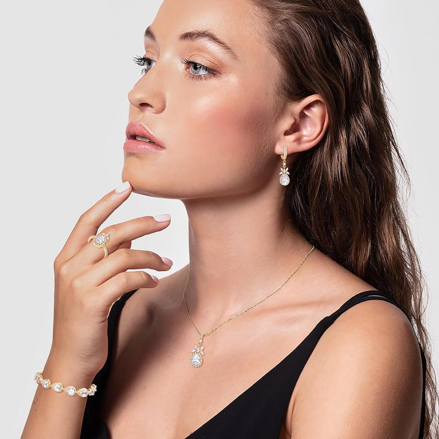 EleQueen Water Drop Pendant Necklace Long Dangle Earrings Tennis Bracelet Set, Sparkle Cubic Zirconia Teardrop Wedding Jewelry Sets for Bride Bridesmaid