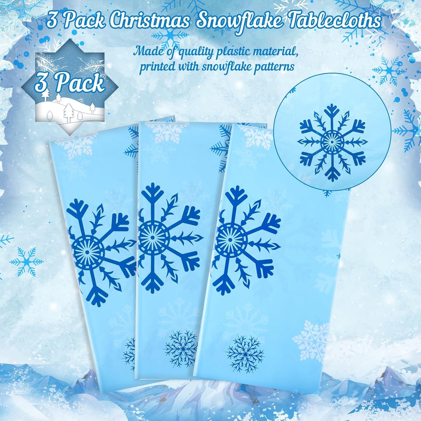 3 Pack Christmas Snowflake Plastic Tablecloth, 54 x 108Inch Blue and White Snowflake Table Cloth Disposable Waterproof Winter Snowflakes Table Cover for Winter Holiday New Year Party Supplies Decor