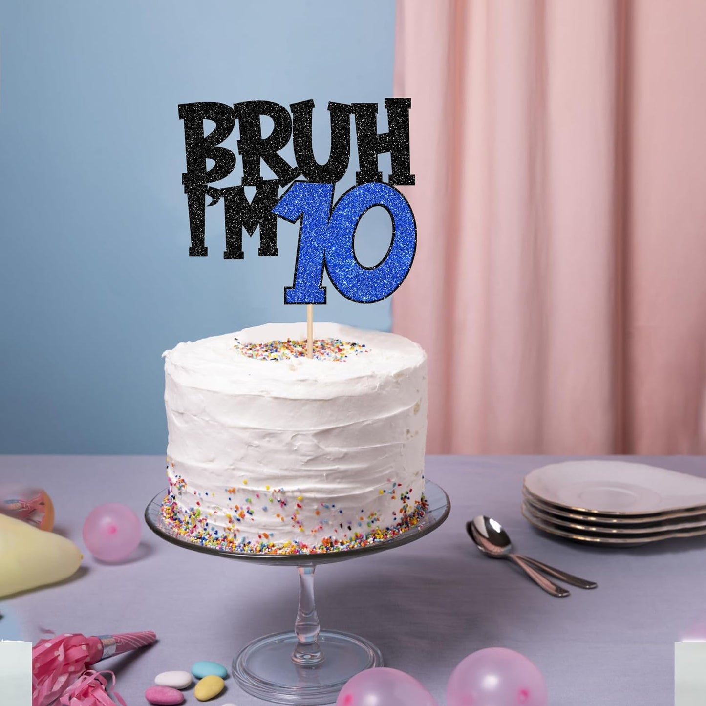 1 PCS Bruh I'm 10 Cake Topper Glitter Happy 10th Birthday Cake Pick Bro I'm 10 Cake Decoration It's My 10th Birthday Decorations for Cheers to 10 Years Old Birthday Anniversary Party Supplies Blue