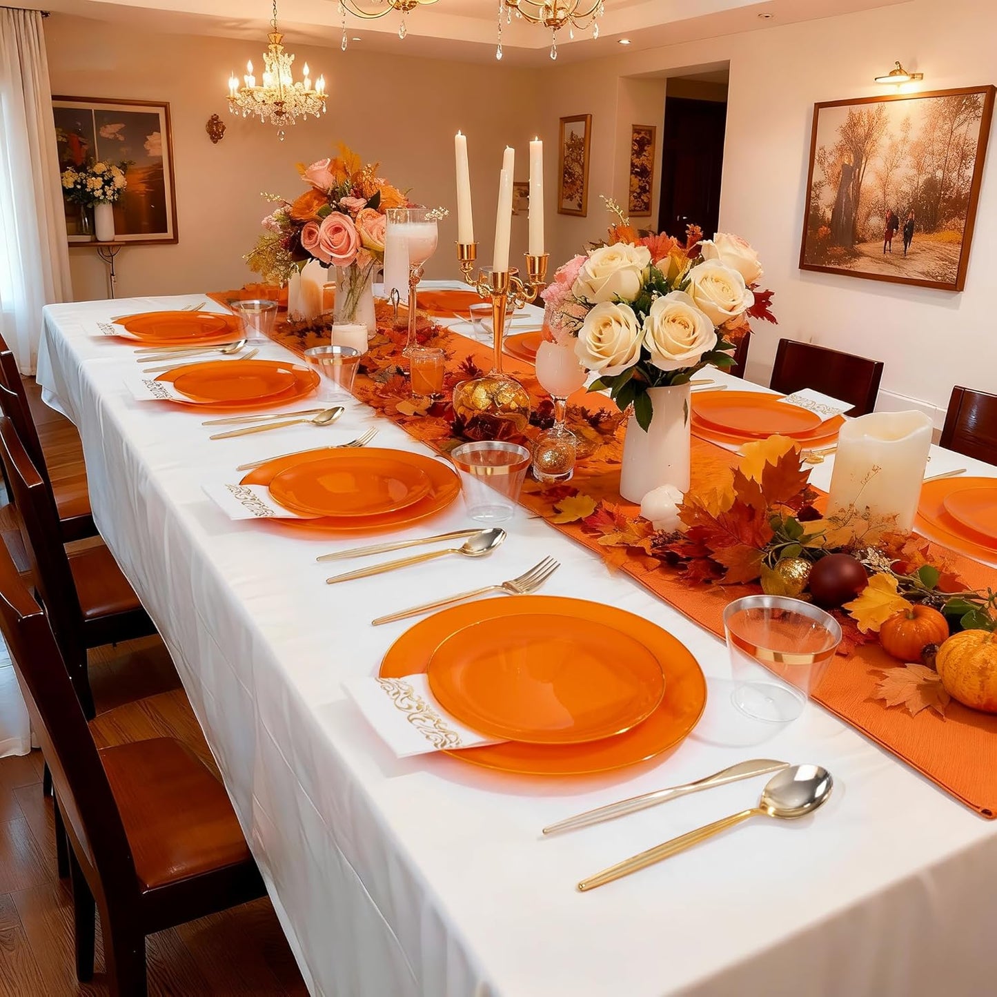 MirthMood 210PCS Orange Plastic Plates,Thanksgiving plastic Dinner Plates– Plastic Plates Set Includes 30 Dinner,30 Dessert Plate,30 Cup&50 Napkins, 30 orange Silverware for Wedding & Birthday Parties