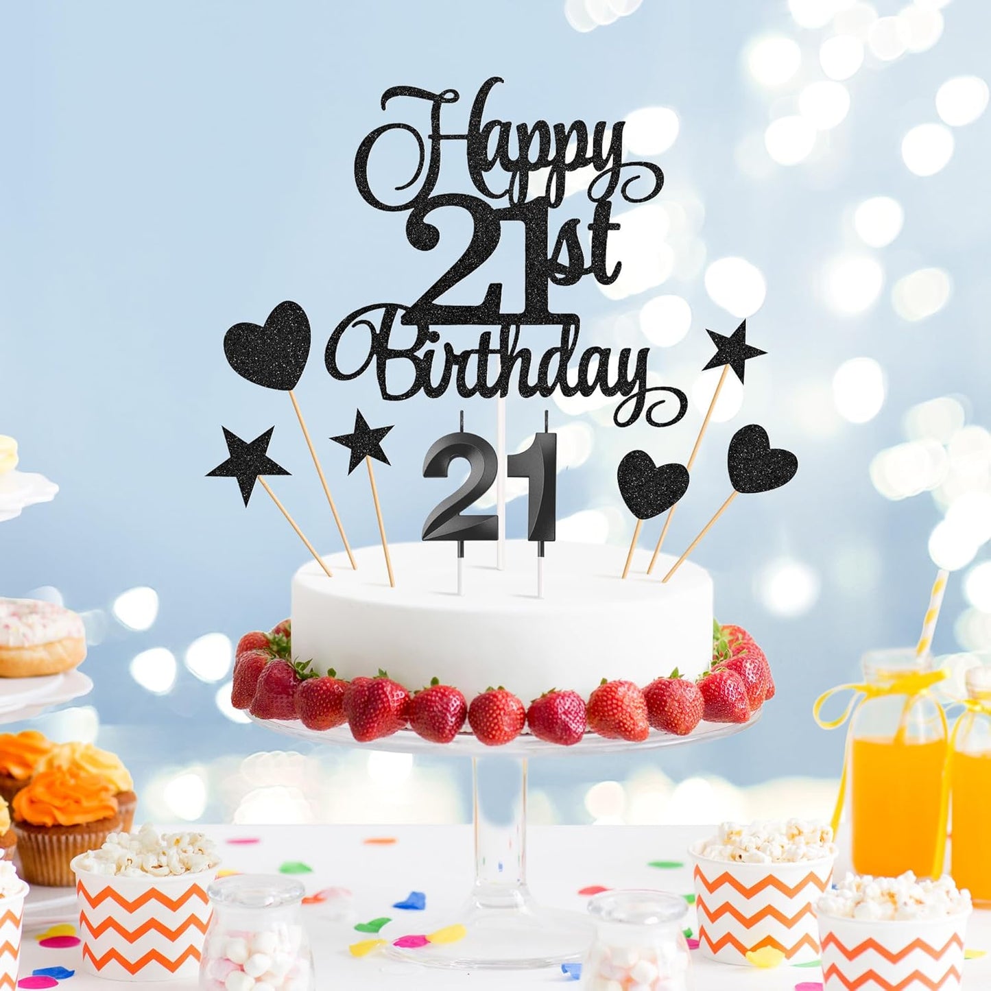 21st Birthday Cake Toppers, 21st Birthday Candles Numeral Candles and Glitter Cake Decorations Toppers Set for Party Supplies (Black)