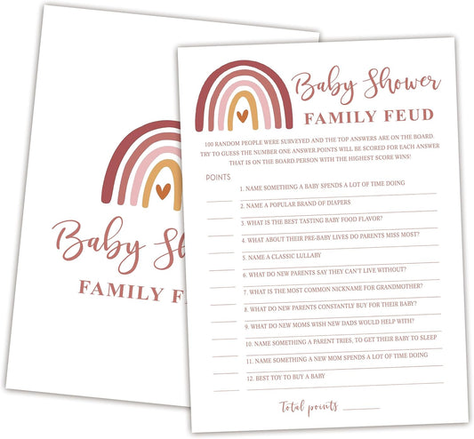 Family Feud Baby Shower Game - Pack of 30 Cards, Answer Key, Rainbow Decorations for Boy & Girl, Feud Game Supplies