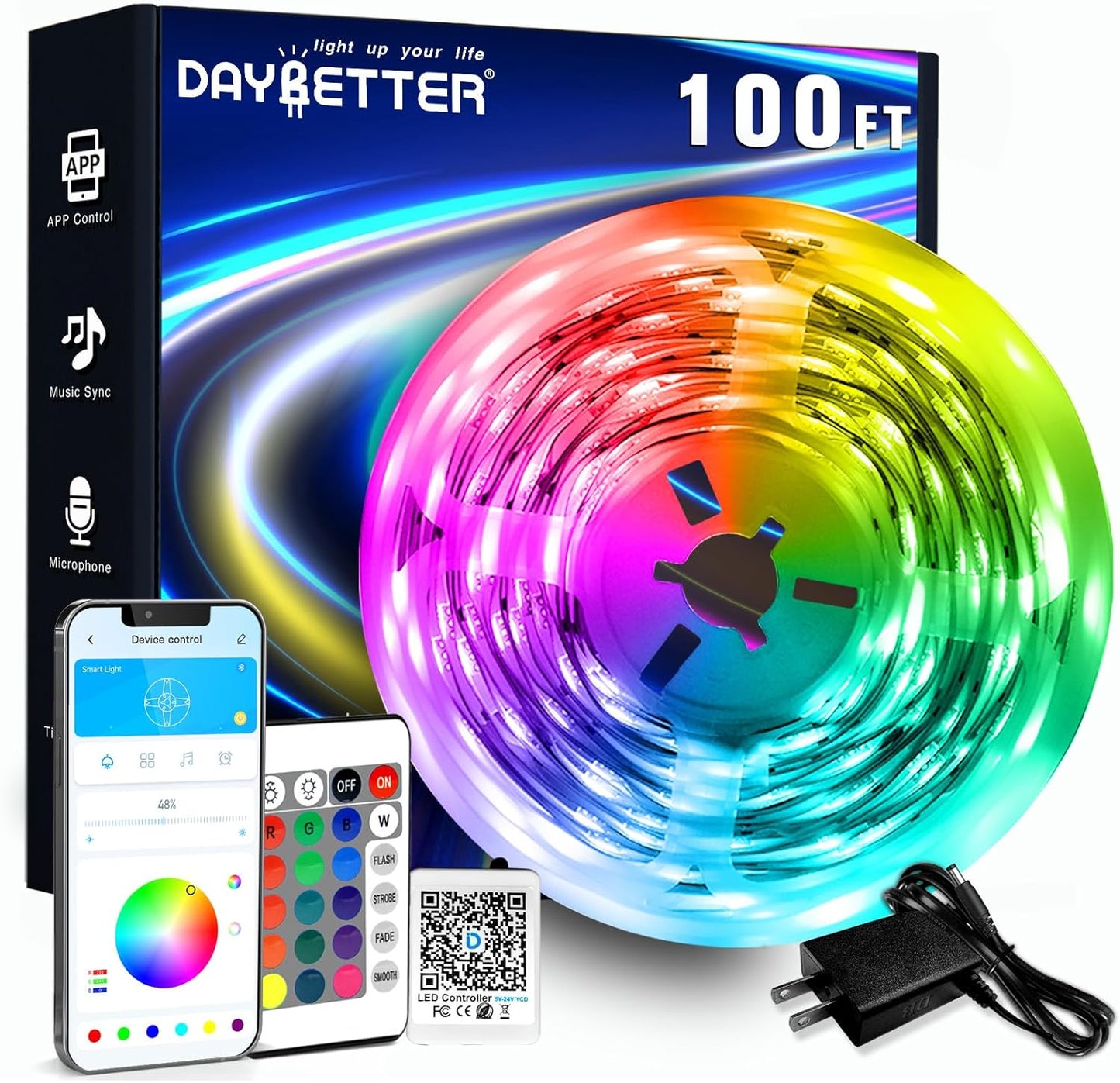 DAYBETTER LED Strip Lights 100ft RGB Lights Strip for Bedroom, Desk, Indoor Room Living Room Brithday Gifts Home Decor with Remote, 24V Power Supply