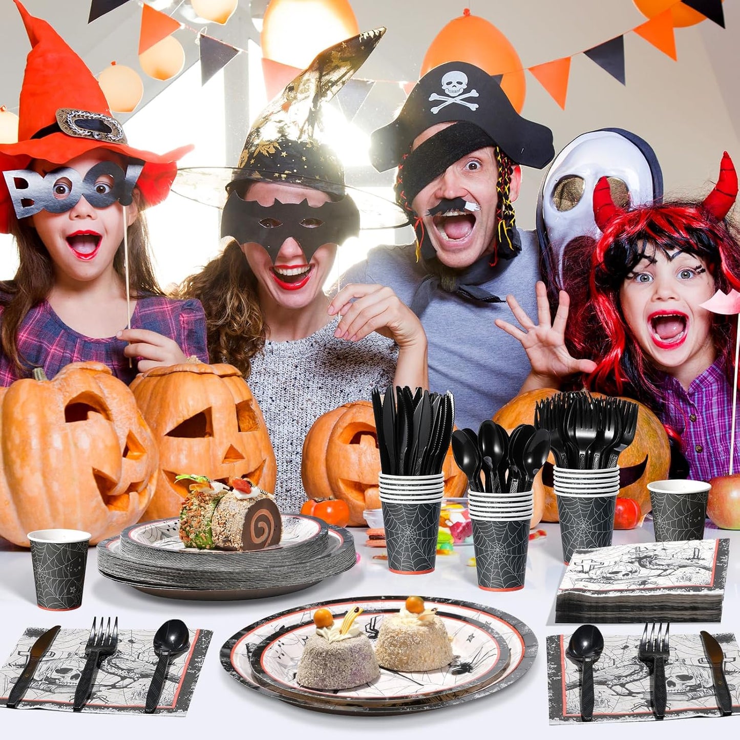 Halloween Party Plates Supplies,Disposable Vintage Skull,Spider Web Tableware Paper Plates and Napkins Cups Knives Spoons Forks for Halloween Birthday Baby Shower Party Decorations,Serve 50 Guests