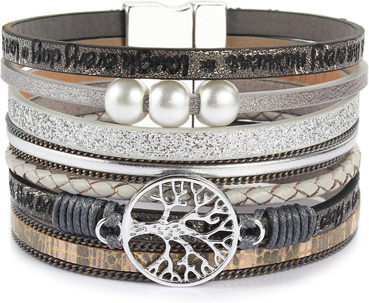 FANCY SHINY Tree of Life Leather Wrap Bracelet Inspirational Cuff Bangles Boho Pearl Bracelets with Magnetic Clasp Unique Jewelry Gifts for Women