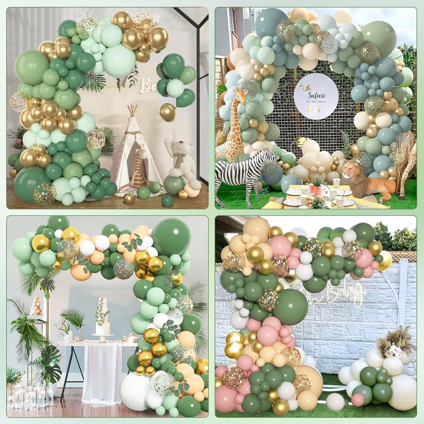 Amandir 153pcs Sage Green Balloon Garland Arch Kit, Different Sizes 18 12 10 5 inch Green Blush Gold Latex Metallic Confetti Gold Balloons for Birthday Baby Shower Wedding Safari Forest Decorations