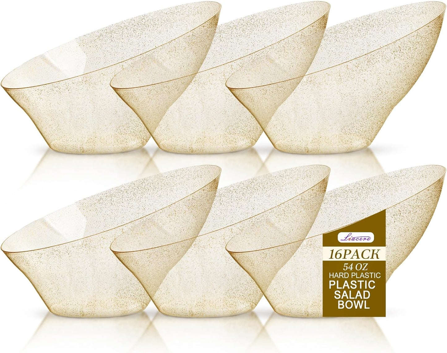 Liacere 16PCS Gold Plastic Serving Bowls - 54 OZ Angled Table Salad and Fruit Bowls Disposable for Chip&Candy - Ideal for Party &Thanksgiving