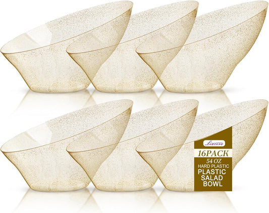 Liacere 16PCS Gold Plastic Serving Bowls - 54 OZ Angled Table Salad and Fruit Bowls Disposable for Chip&Candy - Ideal for Party &Thanksgiving