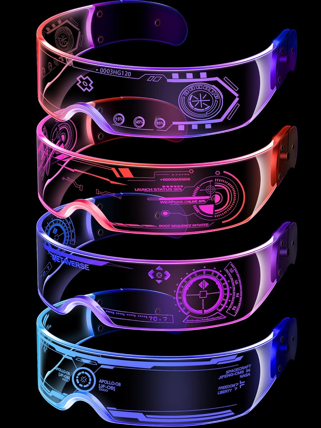 TOODOO 4 Pairs LED Visor Glasses Light up Glasses Futuristic Luminous Rave Glasses 7 Colors 4 Modes for Club Christmas Party