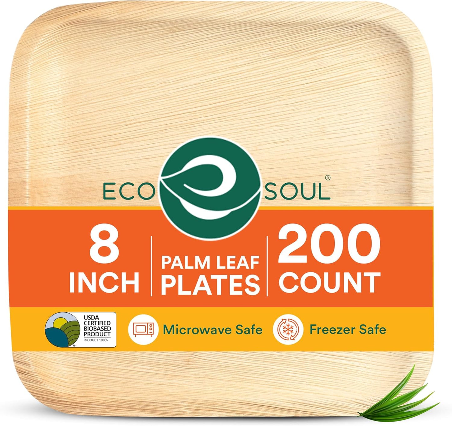 ECO SOUL Compostable 8 Inch Palm Leaf Square Plates (200 Count) Like Bamboo Plates | Biodegradable | Eco-Friendly, Microwave & Oven Safe