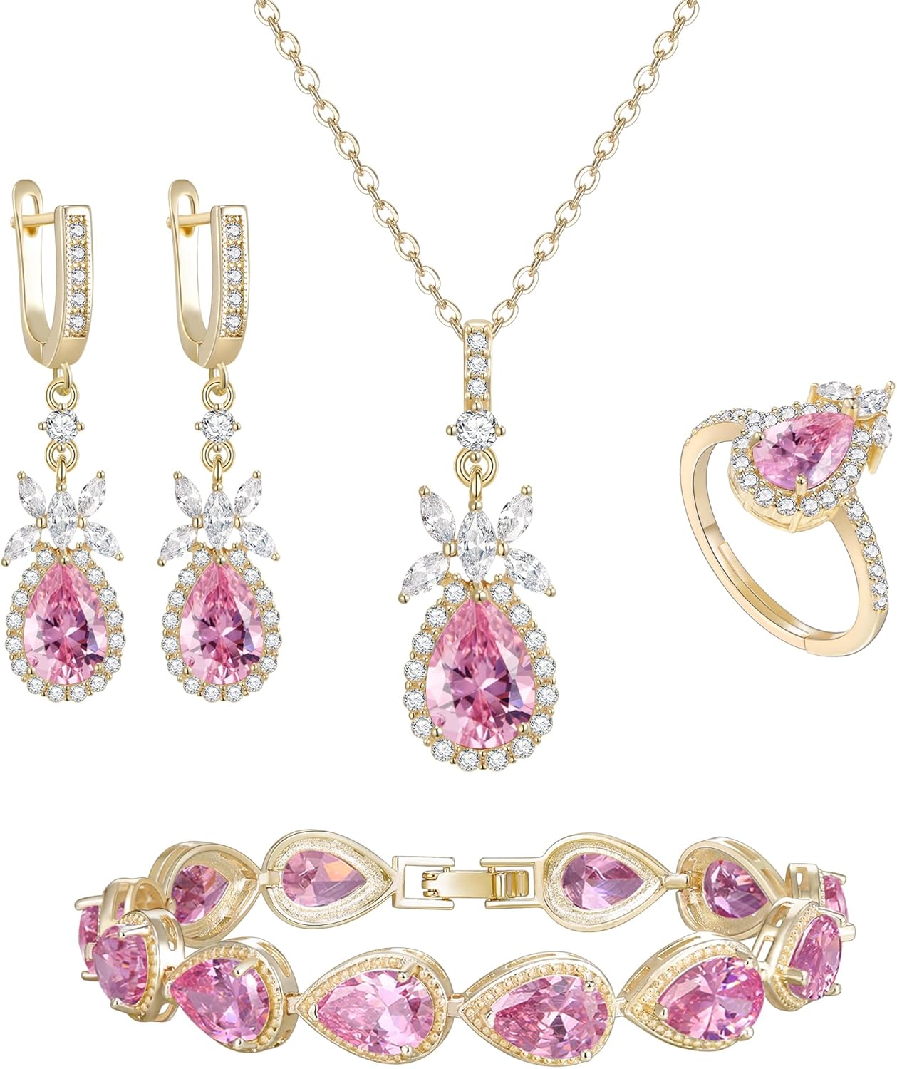 EleQueen Water Drop Pendant Necklace Long Dangle Earrings Tennis Bracelet Set, Sparkle Cubic Zirconia Teardrop Wedding Jewelry Sets for Bride Bridesmaid