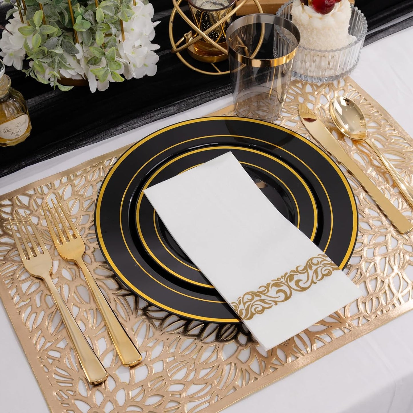 Supernal 800PCS Black and Gold Disposable Dinnerware Set Include 100 Dinner Plates&100 Dessert Plates,100 Knives,200Forks,100Spoons,100Cups,100Napkins for Party&Birthday