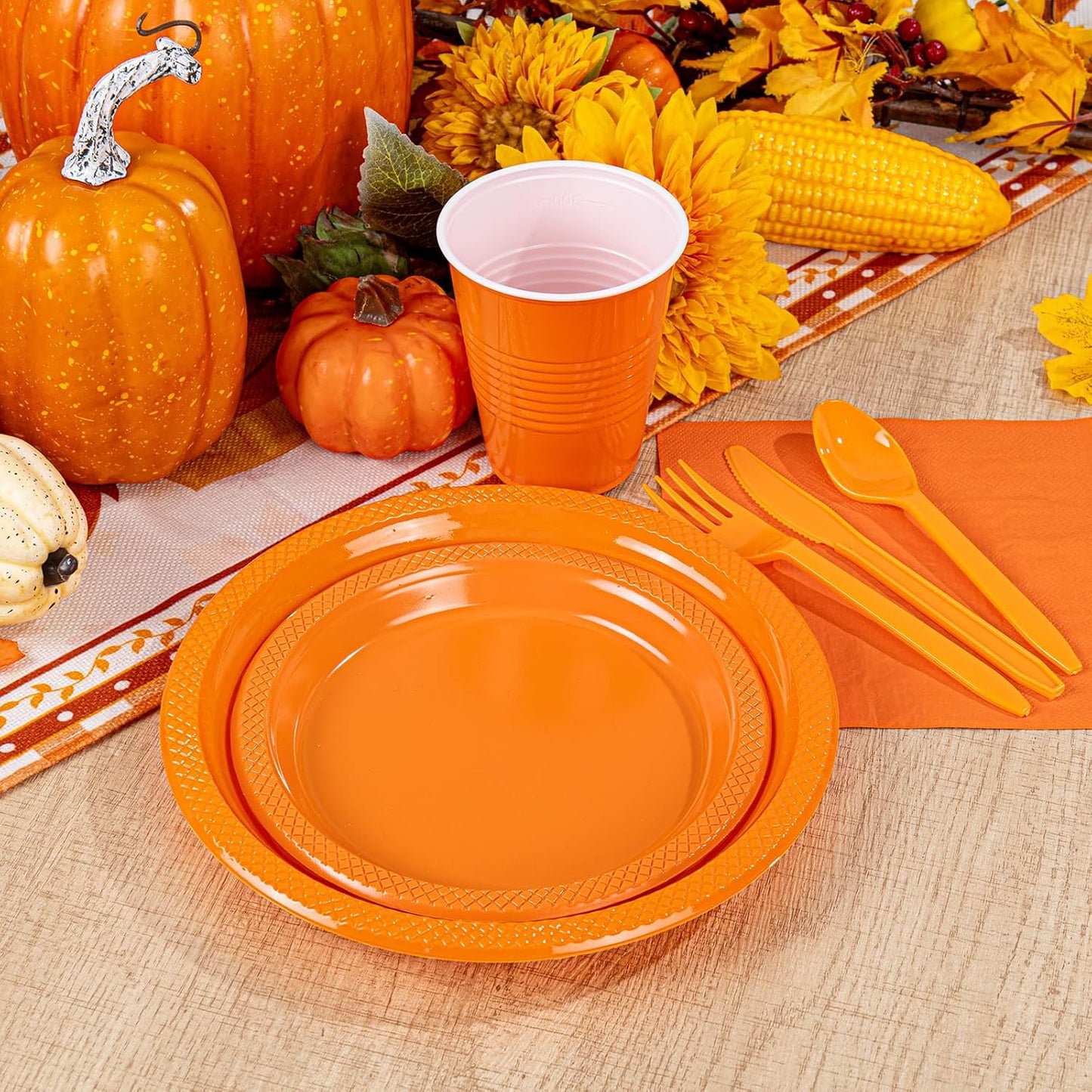 WELLIFE 210Pcs Orange Disposable Plates,Thanksgiving Plastic Plates,Includes: Orange Plates,Disposable Cutlery,12OZ Cups and Napkins Serve 30 Guests,Plastic Dinnerware Set for Thanksgiving