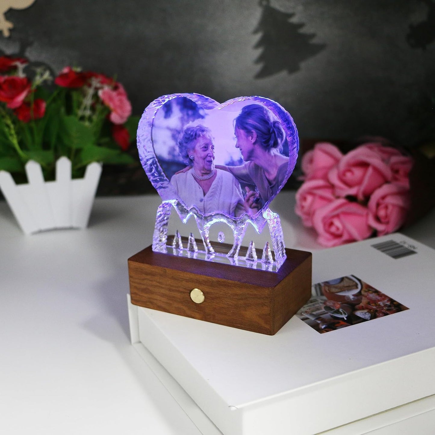 FANF&YKPY Gifts for Mother Personalized Custom Heart-shaped Crystal Photo frame, Gift for Mother, Mom, Wife, Women,Grandmother for Christmas, Mothers Day, Birthday, Wedding Anniversary