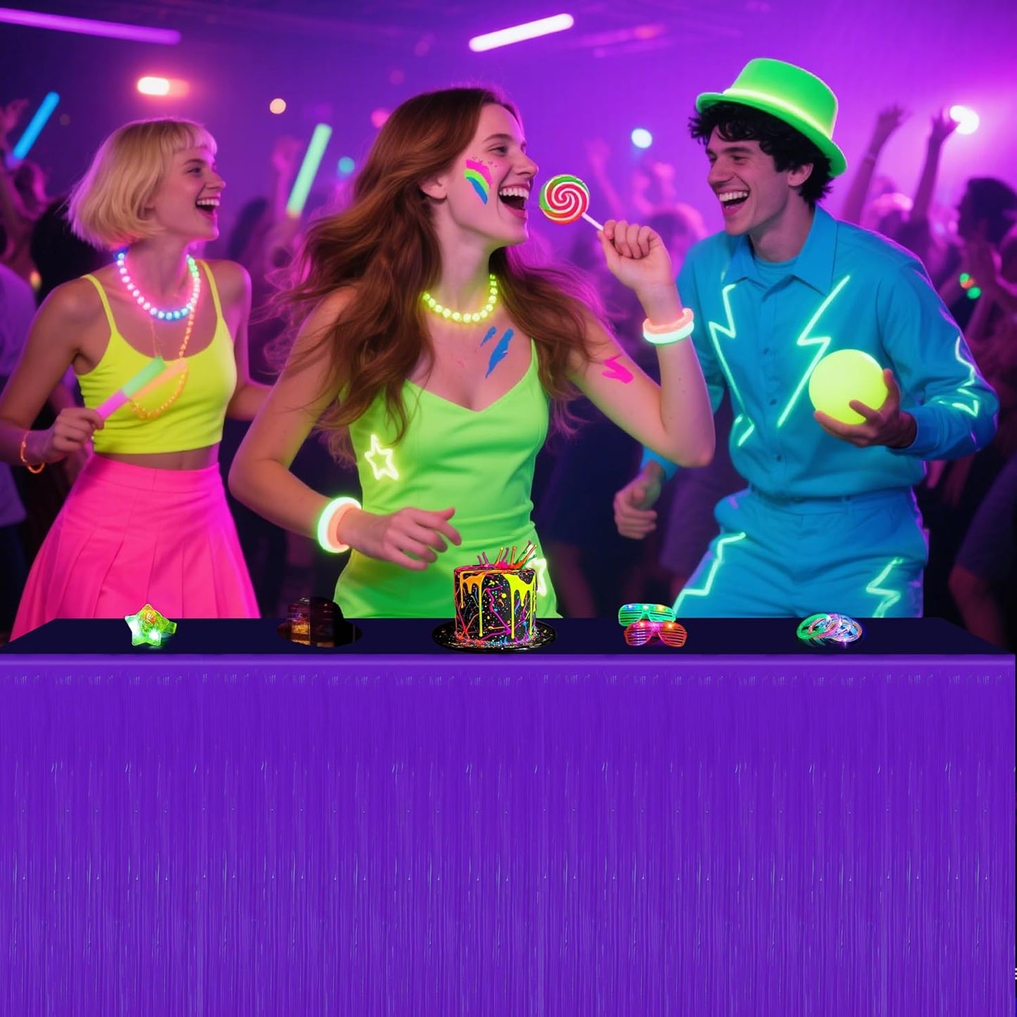 Glow in the Dark Party Supplies - 6Pack Neon Tinsel Fringe Table Skirts Party Decoration， 31.5"x118" UV Reactive & Fluorescent Neon Streamers for Glow Party, Birthday, Rave, Blacklight Event