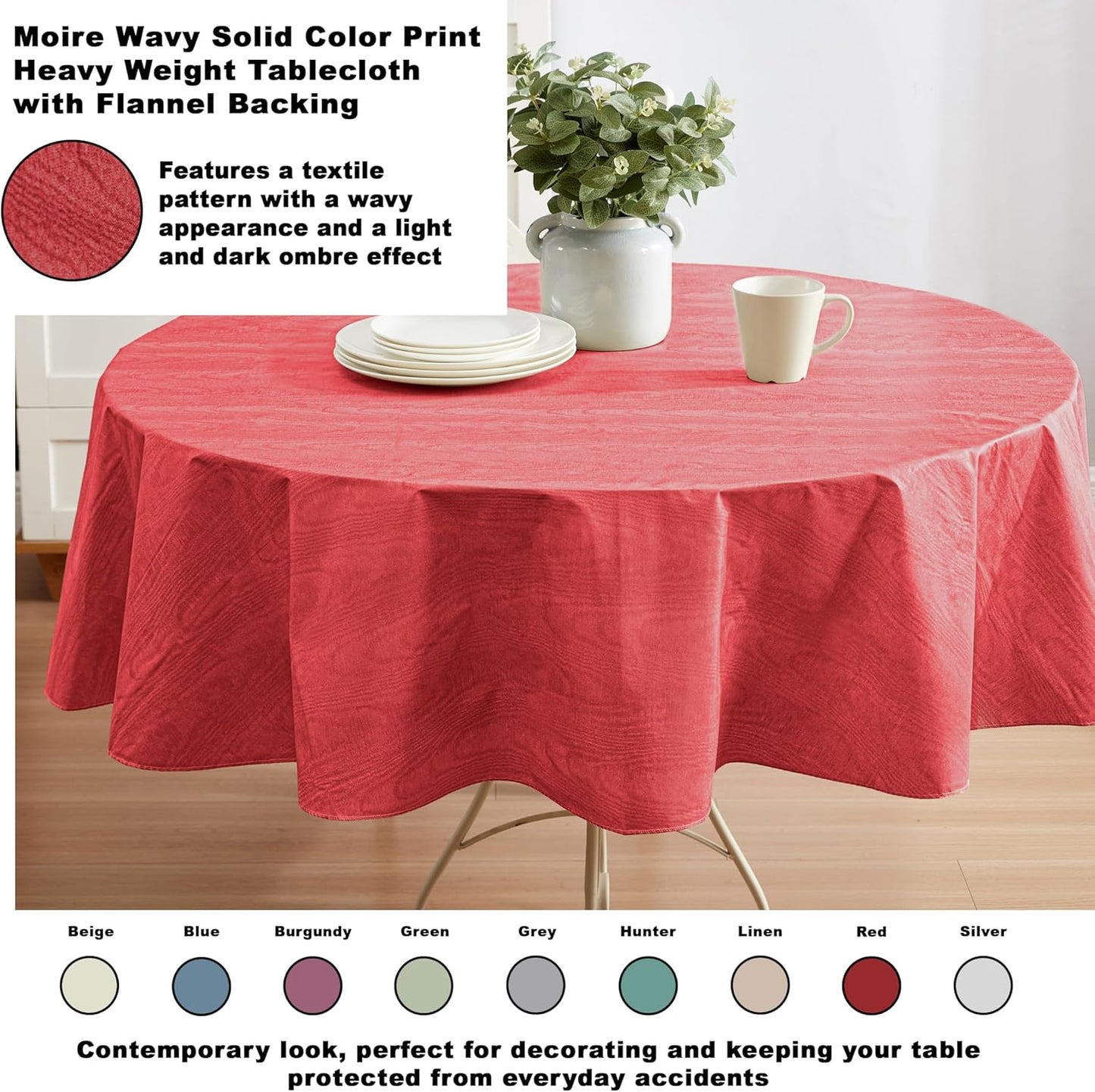 Newbridge Vinyl Flannel Backed Tablecloth, 70 inch Round, Red Moire Wavy Solid Design, Heavyweight Indoor Outdoor Waterproof Table Cover, Easy Care Wipe Clean