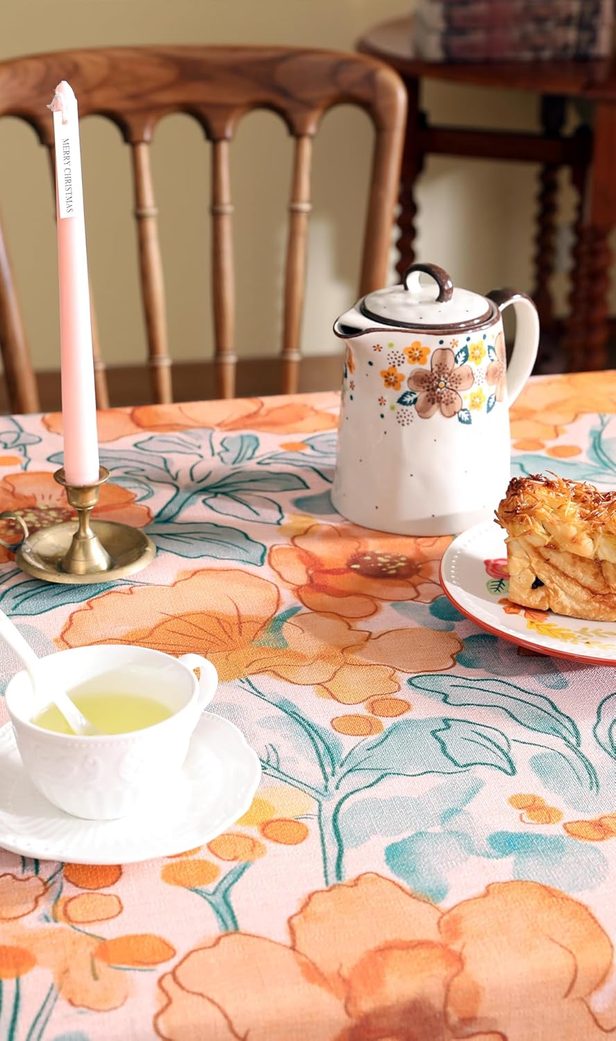 Vintage Linen Small Rectangle Tablecloth,Italian Orange Floral Soft and Wrinkle Resistan Table Cloth,Decor Table Cover for Kitchen,Dining,Thanksgiving,Christmas,55"*71"-Positano