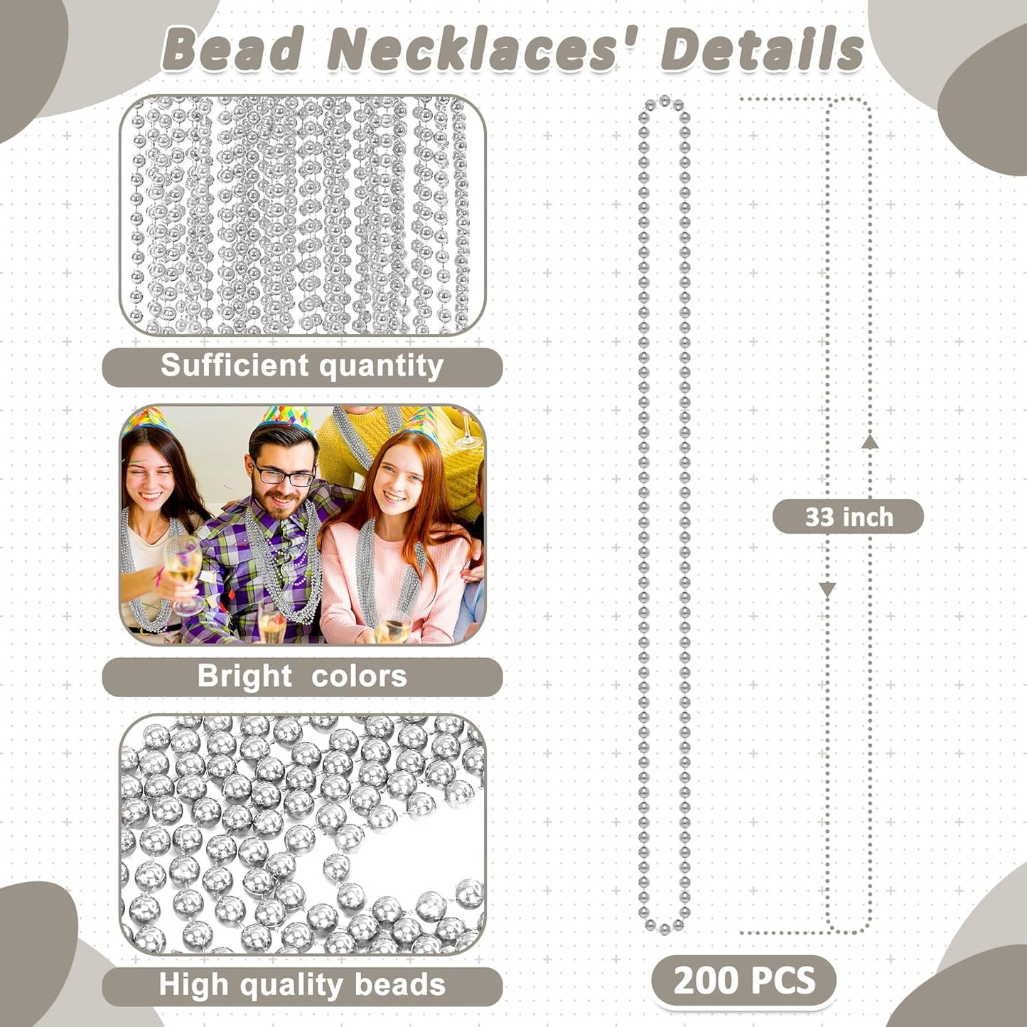 200PCS Mardi Gras Necklaces, 33" Silver Beads, Parade Party Bulk for Christmas, Pirate, Baby Shower, Wedding, Birthday Party Favors Supplies Decor