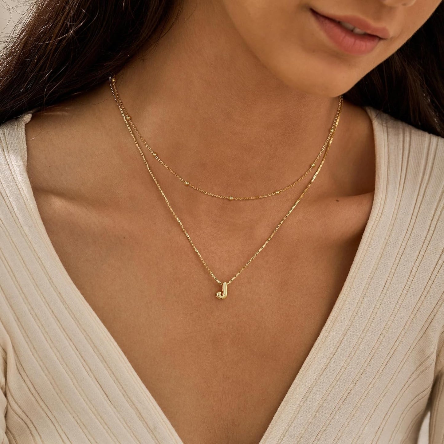 Initial Necklaces for Women - Real Gold Plated Bubble Pendent Dainty Gold Necklace for Women Layered Gold Letter Necklace Beaded Box Chain Choker Necklace Jewelry for Women Gifts for Girls