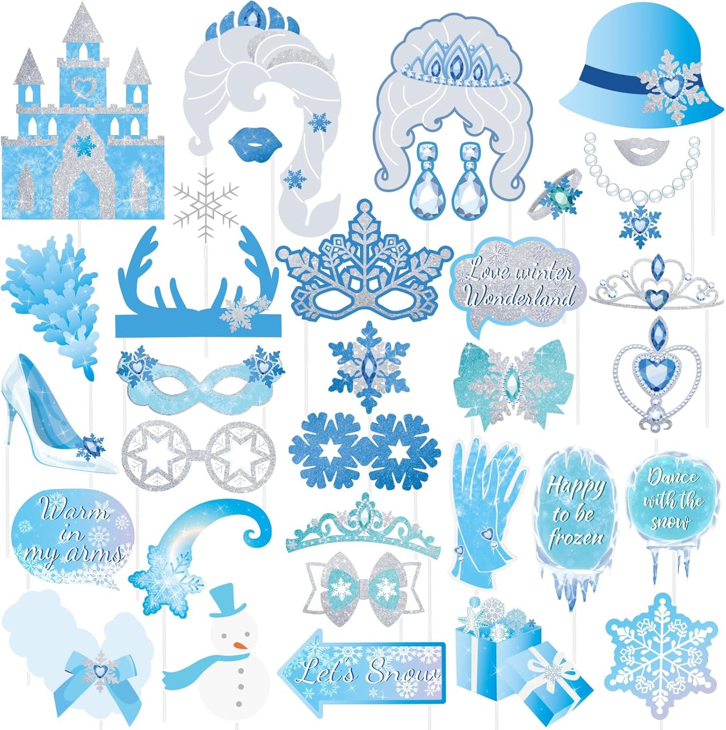 SUNBEAUTY 36 PCS Winter Wonderland Photo Booth Props Frozen Party Decorations Snow White Photo Booth Props for Winter Birthday Theme Party Holiday Christmas Party Supplies