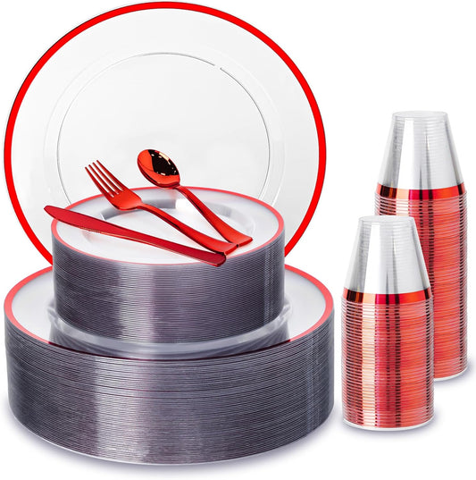 N9R 600PCS Clear and Red Disposable Plates, Heavy Duty Plastic Dinnerware Set for 100 Guests Includes 100 Dinner & Dessert Plates, Cups, Spoons, Forks, and Knives, Perfect for Parties, Weddings