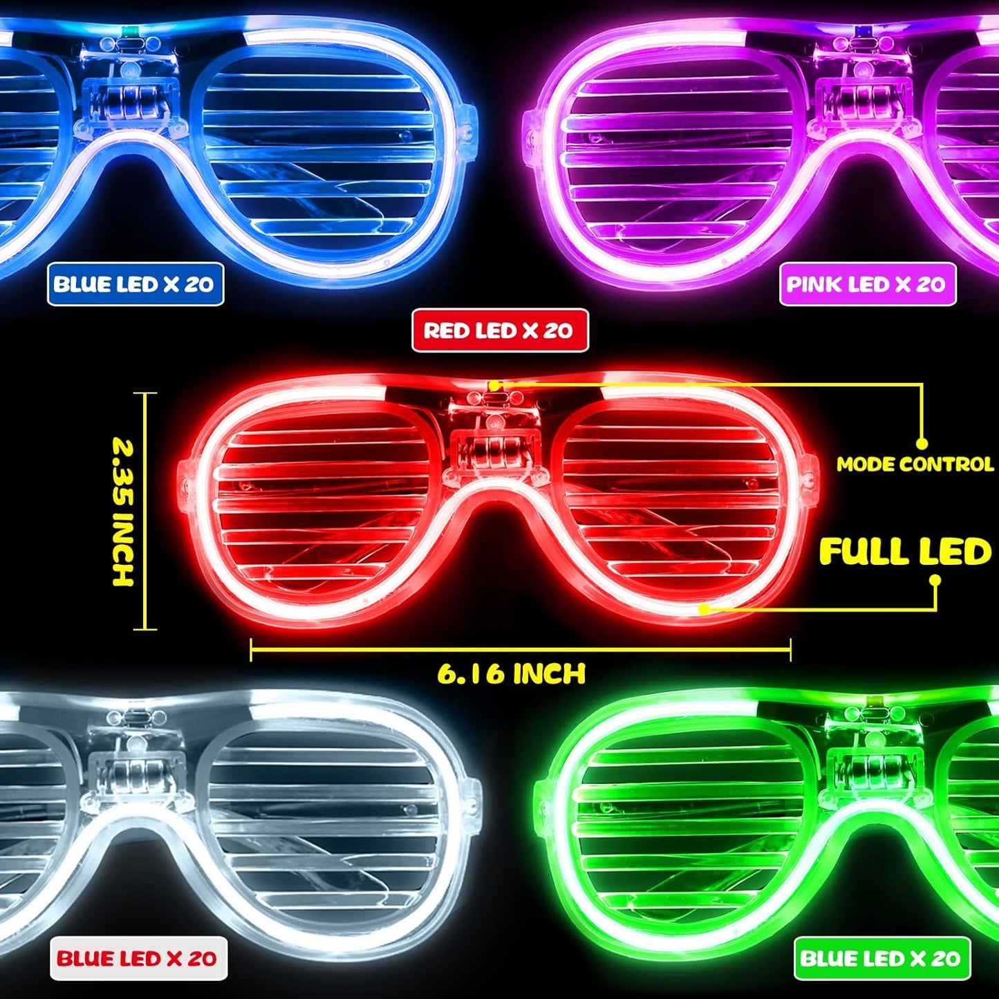 100 Pack Glow in The Dark Glasses Bulk for Kid Adult, 5 Color LED Light Up Glasses with 3 Flashing Modes, Neon Glowing Party Favor Supplies for New Years Eve Birthday Wedding Halloween Goody Bag stuff