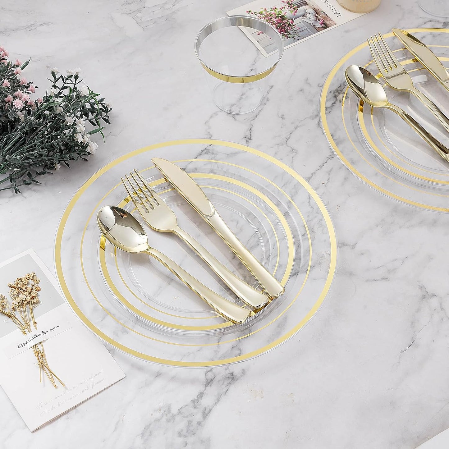 BESTVIP 200PCS Clear Gold Plastic Plate, Disposable Party Plates with 100 Dinner and 100 Dessert Plates, Plastic Plate for Party, Wedding and Birthday