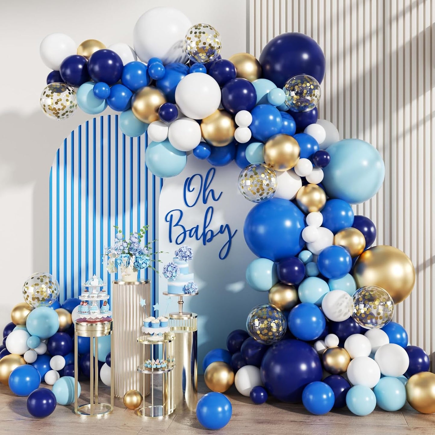 Navy Blue White Gold Balloon Garland Arch Kit, 147PCS Royal Dark Pastel Blue White Gold Balloons with Confetti for Birthday Party Baby Shower Wedding Graduation Decorations