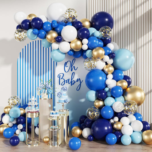 Navy Blue White Gold Balloon Garland Arch Kit, 147PCS Royal Dark Pastel Blue White Gold Balloons with Confetti for Birthday Party Baby Shower Wedding Graduation Decorations